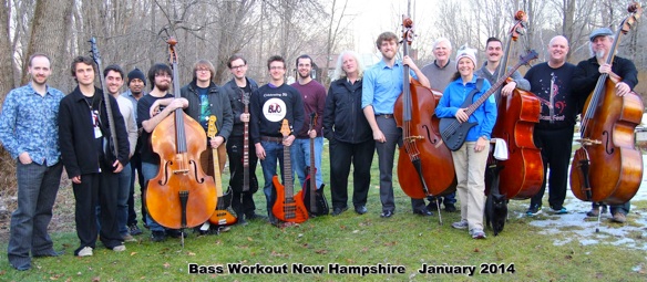 Bass Workout students and faculty outdoors with their double basses and electric basses